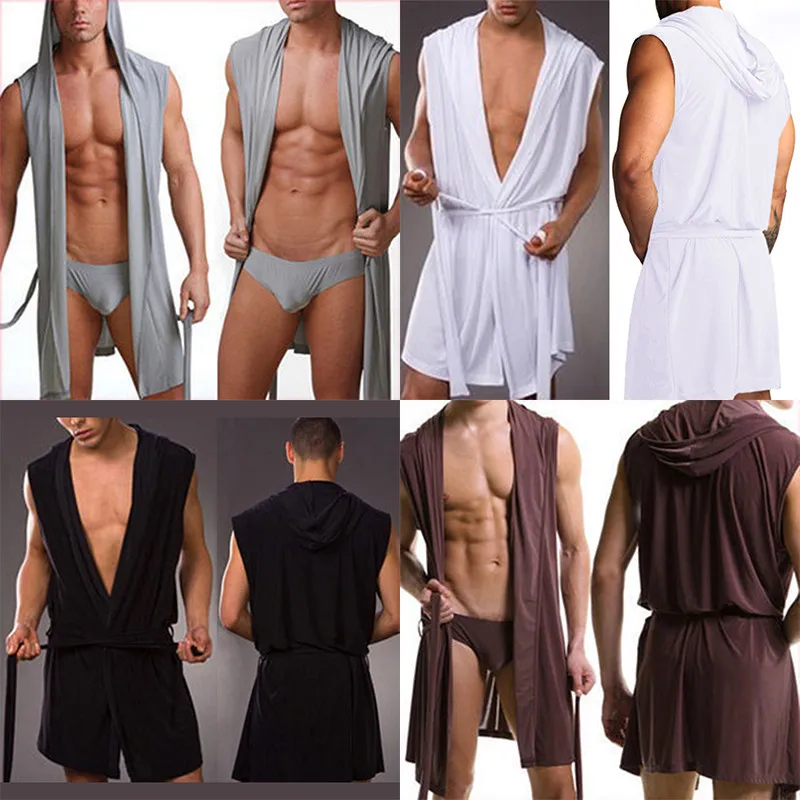 New Men Sexy Bath Robe Hooded Pajamas Sleepwear Superthin Smooth Bathing Gown Comfortable Home Tops Wear Sleepwear S-4XL
