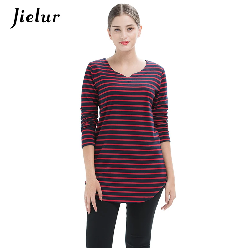 Jielur 2021 Spring Plus Size Black Red Long-sleeved Women's T-shirts Striped V-neck Simple Girl T-shirt Fashion Loose Tops S-4XL | Женская