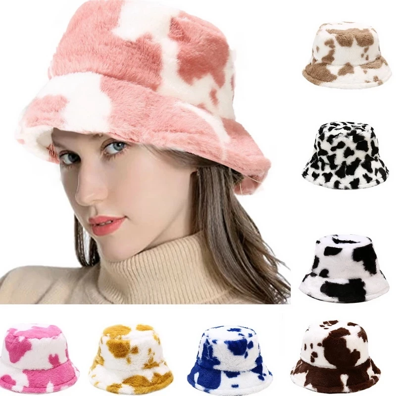 

New Winter Cow Print Plush Bucket Hats for Women Tourism Outdoor Warm Hat Soft Velvet Fisherman Cap Lady Fashion Panama Present