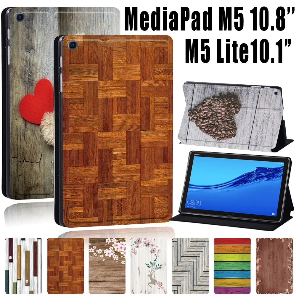 

For Huawei MediaPad M5 Lite 10.1 Inch/Huawei MediaPad M5 10.8 Inch Tablet Case Wood Pattern Leather Stand Cover Case + Stylus