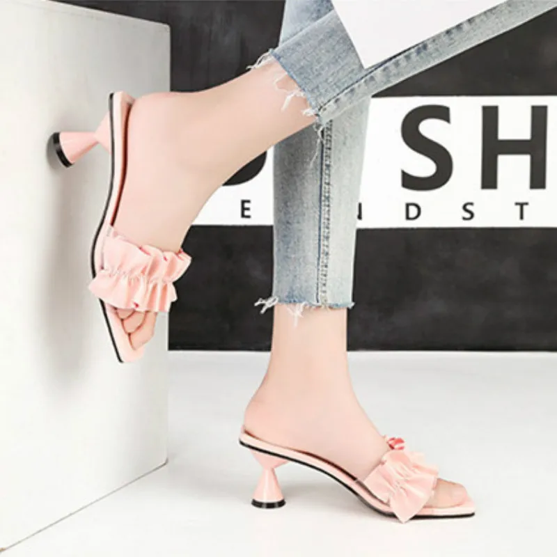 

Sweet Solid Women Slippers Pumps Summer Slides Good-quality Casual 6cm High Heels Wine-glass-Heels Ladies Outside Female Shoes
