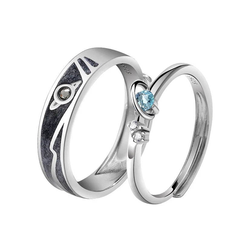 

925 Sterling Silver Blue Zircon Planet Couple Open Rings For Women Men Original Girlfriend Jewelry Romantic Birthday Gift