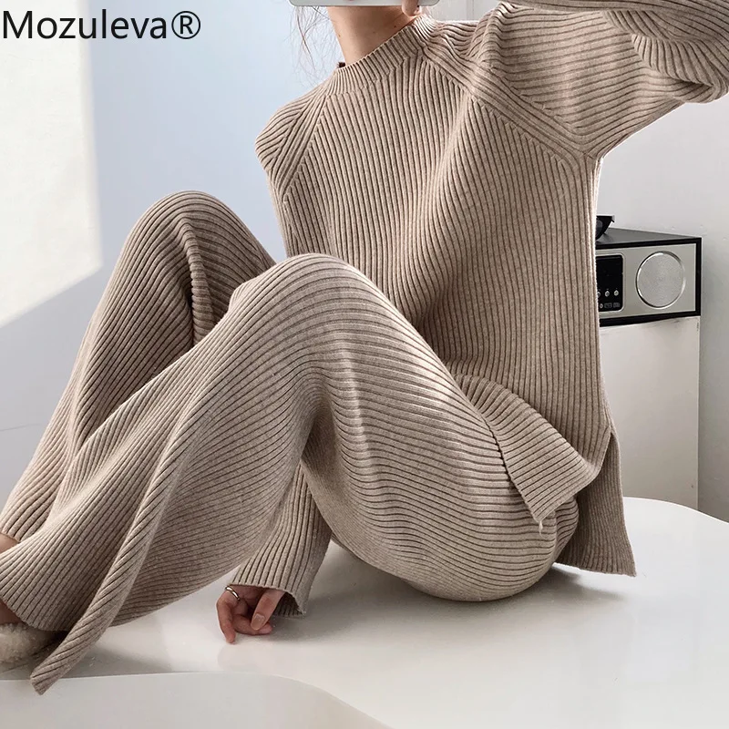 Женский Осенний вязаный комплект из 2 предметов свитер с высоким воротником и