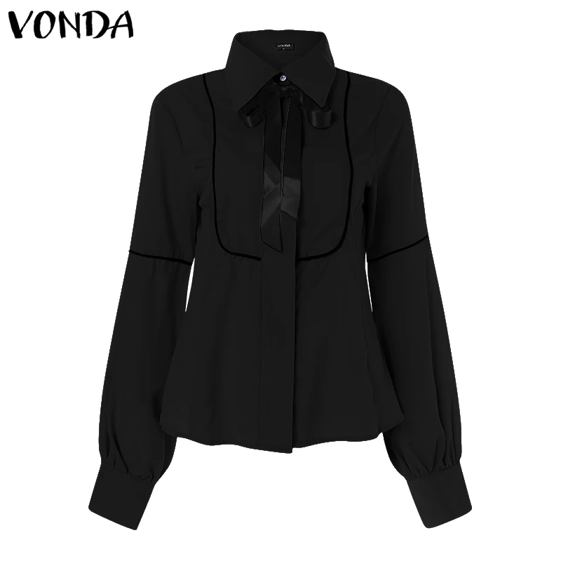 Black VONDA Женская Офисная рубашка Осенняя блузка женская сексуальная рубашка с рукавом-фонариком и отложным воротником повседневные топы размера плюс Blusas S-5XL - Цвет: Black