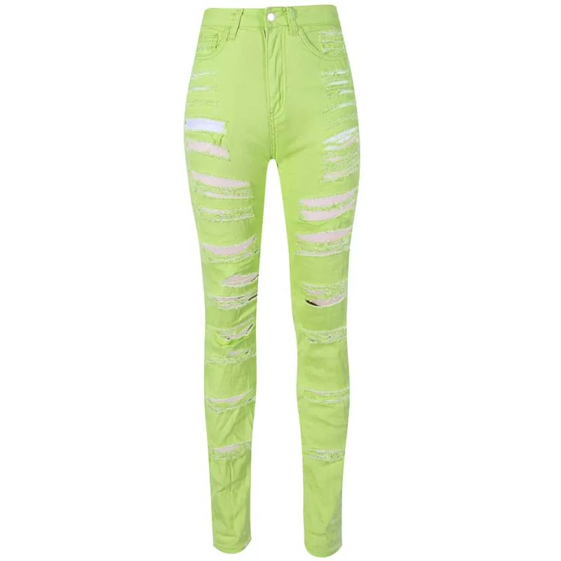 Ripped Jeans For Women Denim Red Green Pants Stretch High Waist Skinny Boyfriend Jeans Torn Jeggings Plus Size Mom jeans Buttons