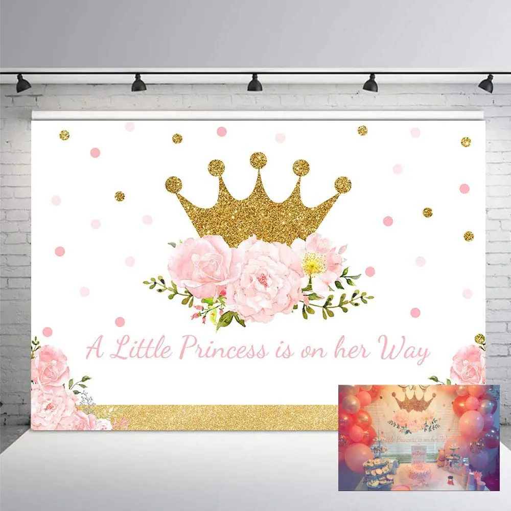 Enlarge Little Princess Baby Shower Photo Studio Booth Background Pink Floral Shimmer Gold Crown Polka Dots Royal Celebration Backdrops