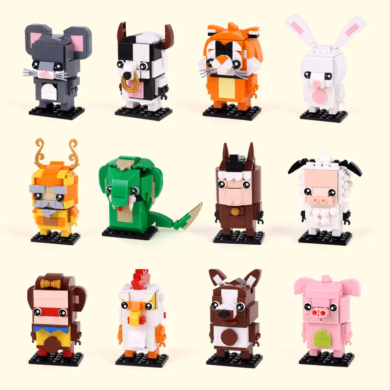 

12 шт./компл., Китай, 12 зодиака, Brickheadz, строительные блоки с животными, Классическая квадратная головка, сделай сам, кирпичи, развивающие игруш...