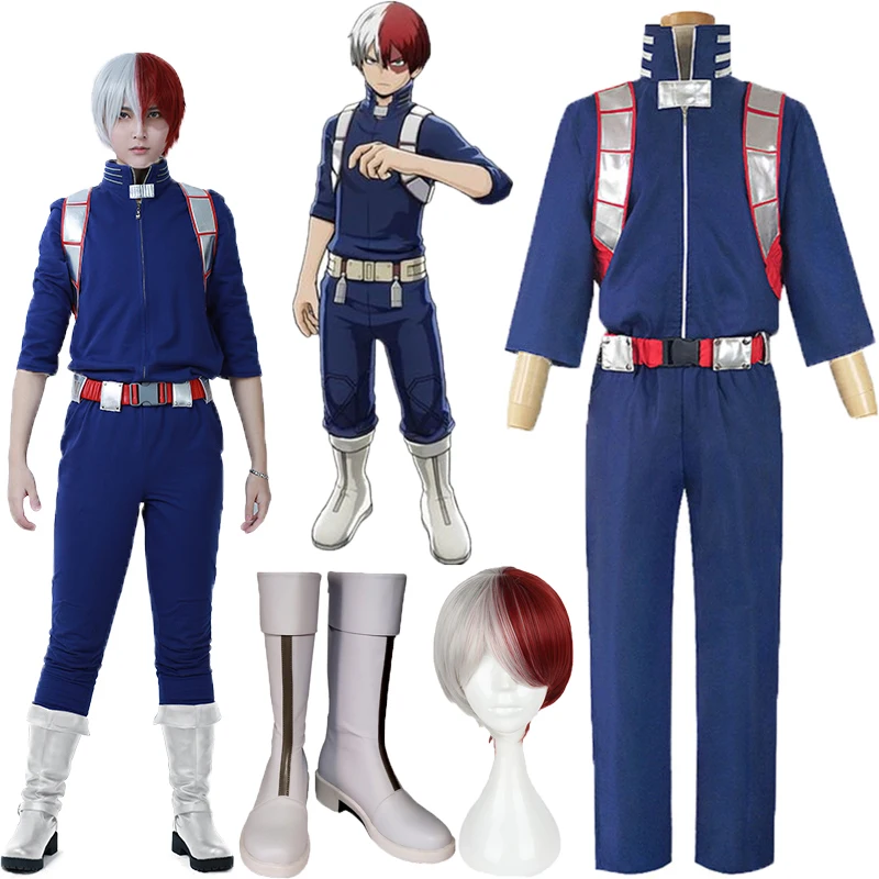 

2021 New Men's Anime Hero Academia Cosplay Costume Top Pants Belt Halloween Wigs and Shoes Suit