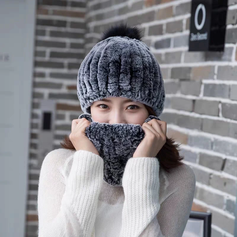 Женская меховая шапка модная зимняя из натурального меха кролика Рекс шарф в