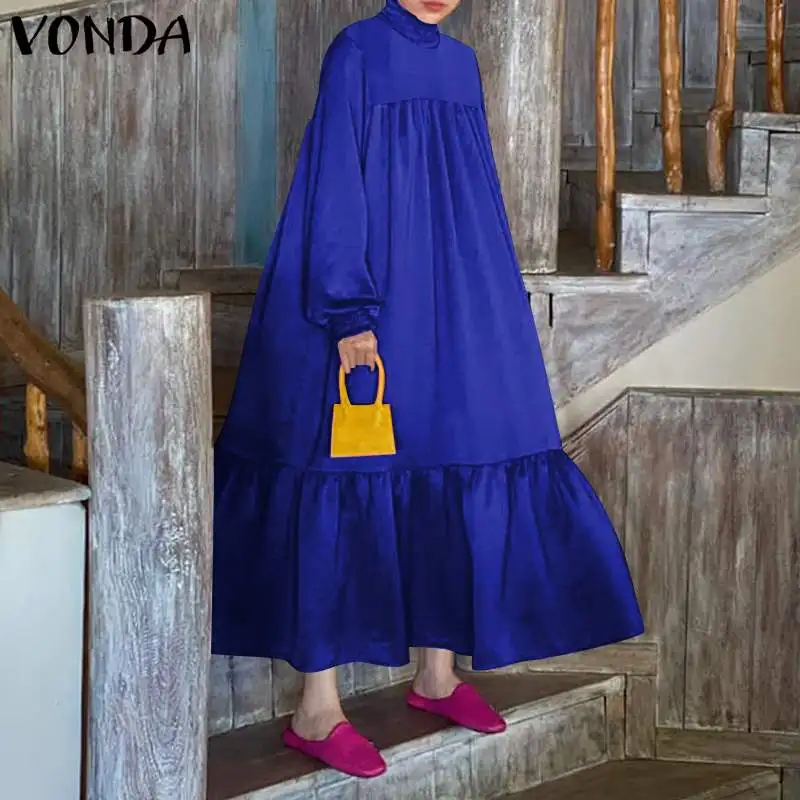 

Maxi Dress 2021 VONDA Casual Long Sleeve Mock Neck Dresses Women Vintage Pleated Bohemian Vestidos Plus Size Beach Sundress 5XL
