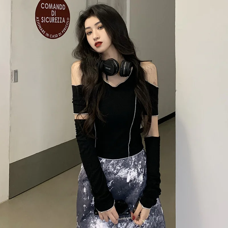 

Design off-the-Shoulder Chic Long-Sleeved Top Women's Clothing 2021autumn and Winter Short Student Casual T-shirt