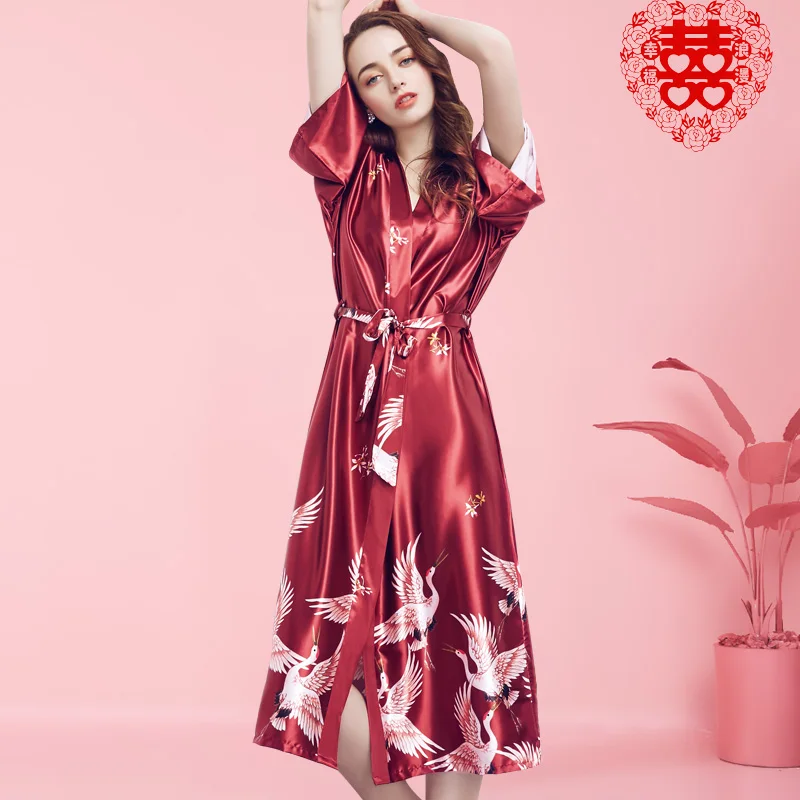Женское шелковое атласное кимоно длинная Пижама с цветочным принтом 3XL|Халаты| |