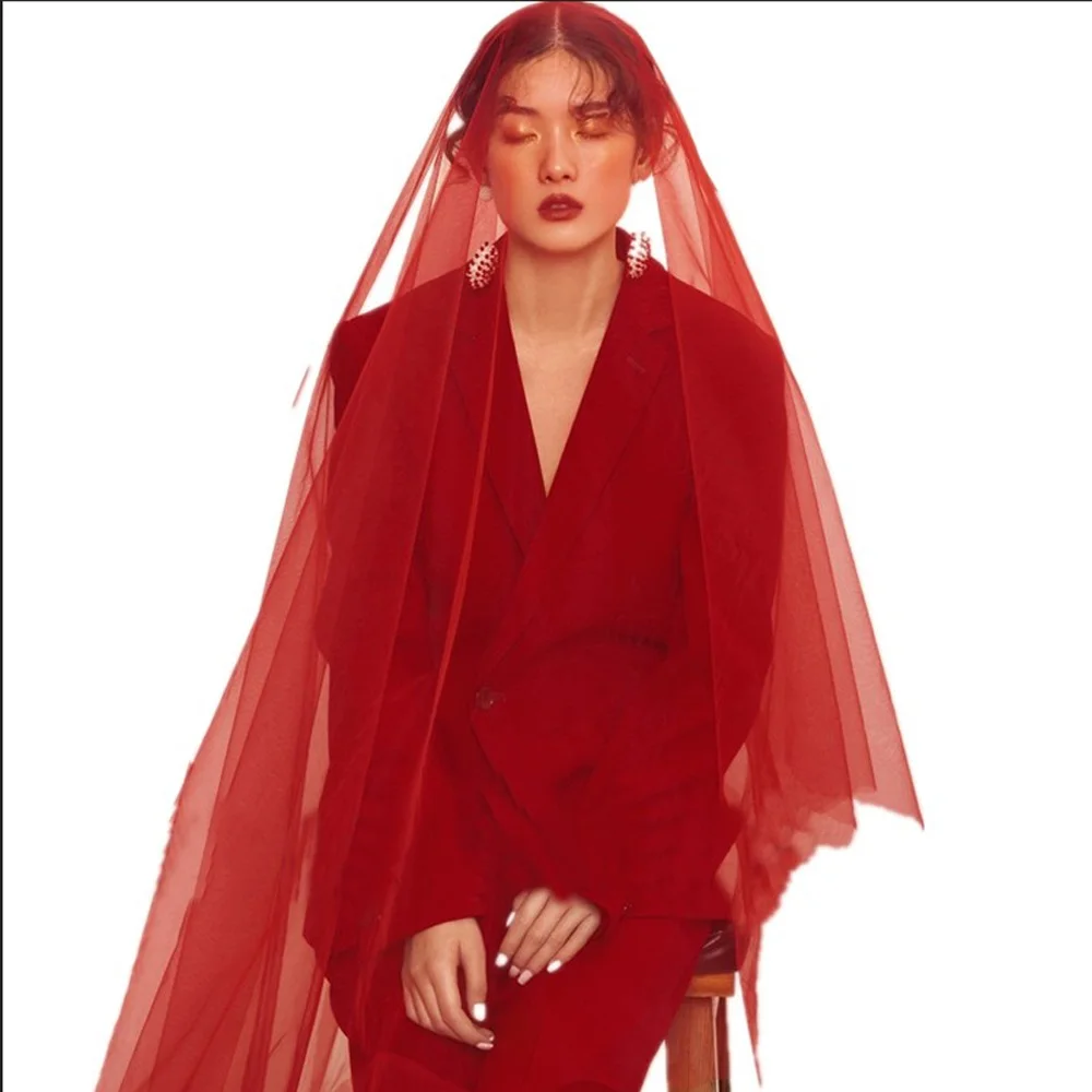 

Simple Wine Red Wedding Veil One Layer Bridal Accessories For Women Party Cove Headed Without Comb 2021