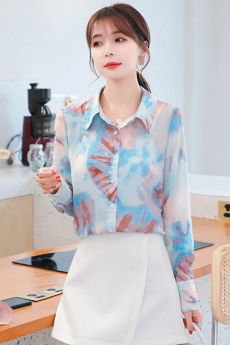 

Houthion New Long-sleeved Blouse Polo Collar Shirt Printing Casual Fashion Tops Summer Plus Size Chiffon Dropshipping