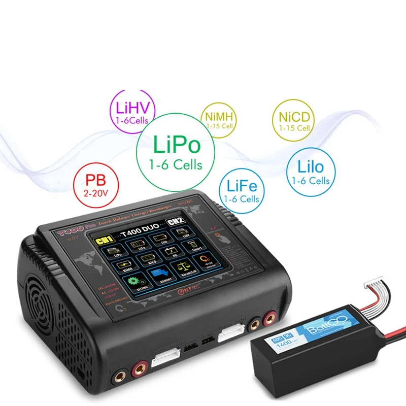 

HTRC T400 DUO RC Charger DC 400 with 240W Discharger for LiPo LiHV LiFe Lilon NiCd NiMh Pb Battery EU Plug
