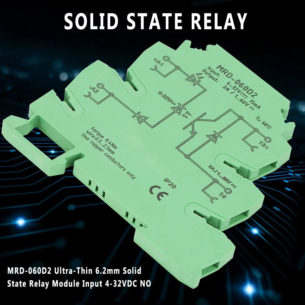 

Solid State Relay 2A Ultra-Thin Input 4-32V DC with LED Input State Indicator MRD-060D2 Din Rail Relay Module