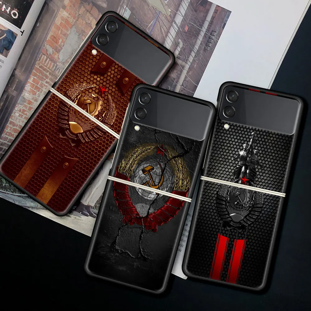 

Case For Samsung Galaxy Z Flip 3 Black Hard Phone Cover Z Flip3 5G Shockproof Bumper ZFlip 3 Shell Fundas Vintage USSR CCCP
