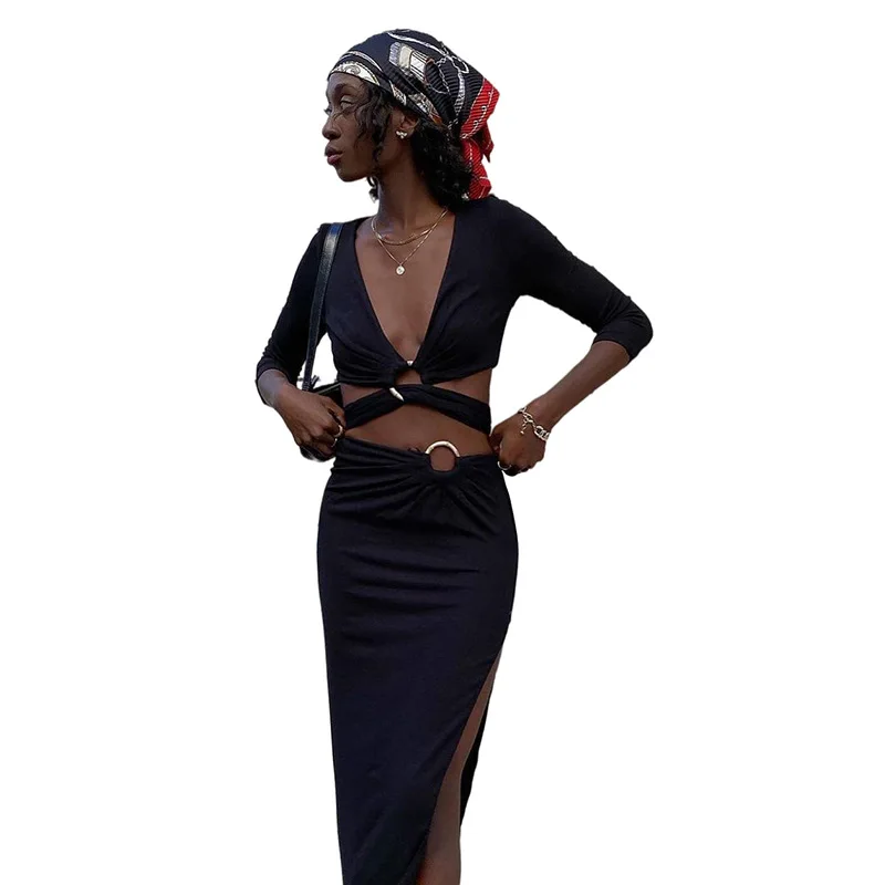 

Women Two Pieces Set Solid Deep V-Neck Long Sleeve Top High Waist Bodycon Split Midi Skirt Autumn Casual Party Club Wear Outfits