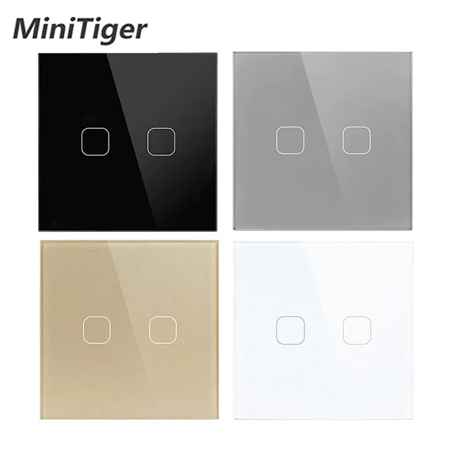 

Minitiger AC220V, 2 Gang 1Way Light Wall Touch Screen Switch EU standard Touch Switch 4 Color Crystal Glass Panel Touch Switch