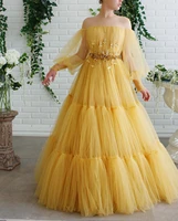 yellow a line long sleeve prom party dress flowers beaded tulle formal evening dresses plus size floor length special event gown
