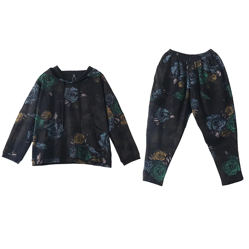 

Outfits Female Hooded Tops And Elastic Waist Pants New 2021 Fashion Loose Styles Two Piece Set Tracksuit Women Flower Printing