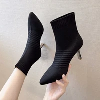 korean fashion stretch fabric boots womens pointed simple fashion boots flying woven style sock boots high heels shoes women