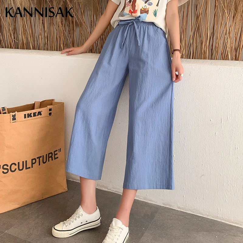 

Wide Leg Pants Summer 2021 Cotton Linen Loose Breathable Korean Women Pants Sweet Girl Elastic Waist Solid Ankle Length Pants