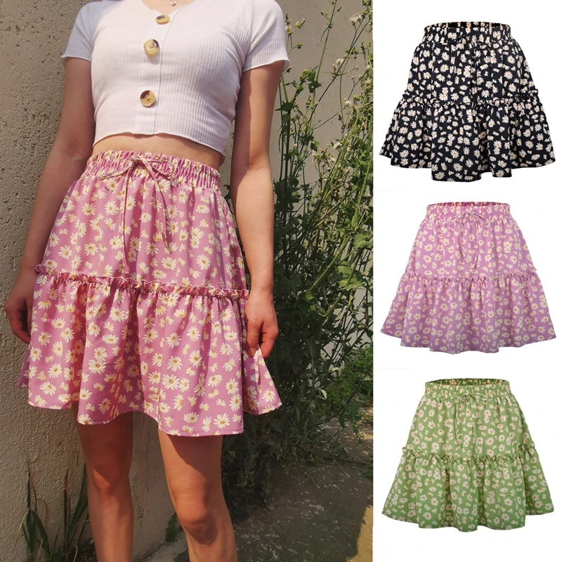 2020 Модная Летняя короткая юбка с цветочным принтом для девочек, плиссированные юбки с принтом ромашек, женские повседневные мини-юбки на шн... от AliExpress WW