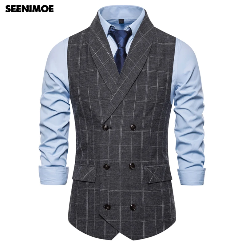 Seenimoe, мужской жилет, M-3XL, мужской деловой Блейзер, жилеты, Повседневный, в полоску, в клетку, двубортный, с отложным воротником, деловой Блейзер, жилеты