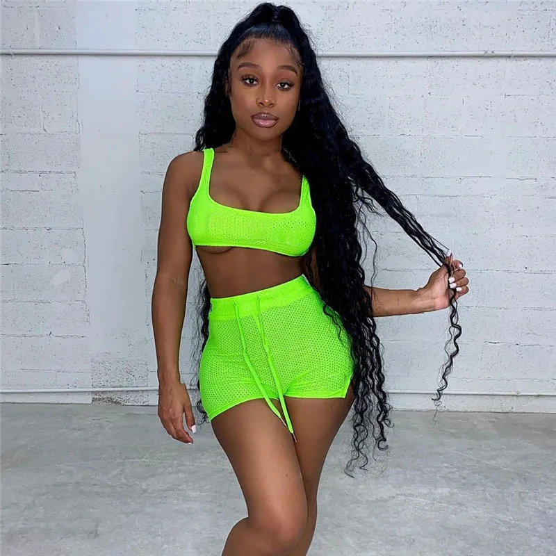 

YEYA Sports Casual Women Sets Square Collar Strapless Tanks Top Drawstring Lace Up Side Split Short Pants Nightclub Party Wear