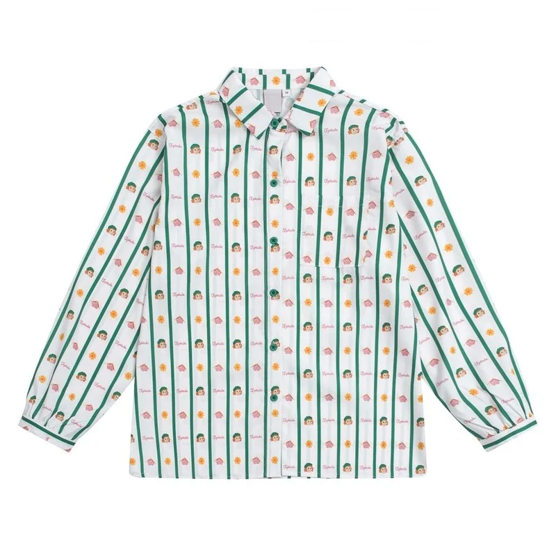 

harakuju cartoon print Women Cotton shirts 2021 autumn long sleeve Turndown Collar Ladeis Basic Daily Tops