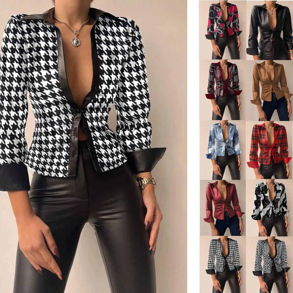2022 spring women's new fashion PU leather long sleeve V-neck splicing shirt