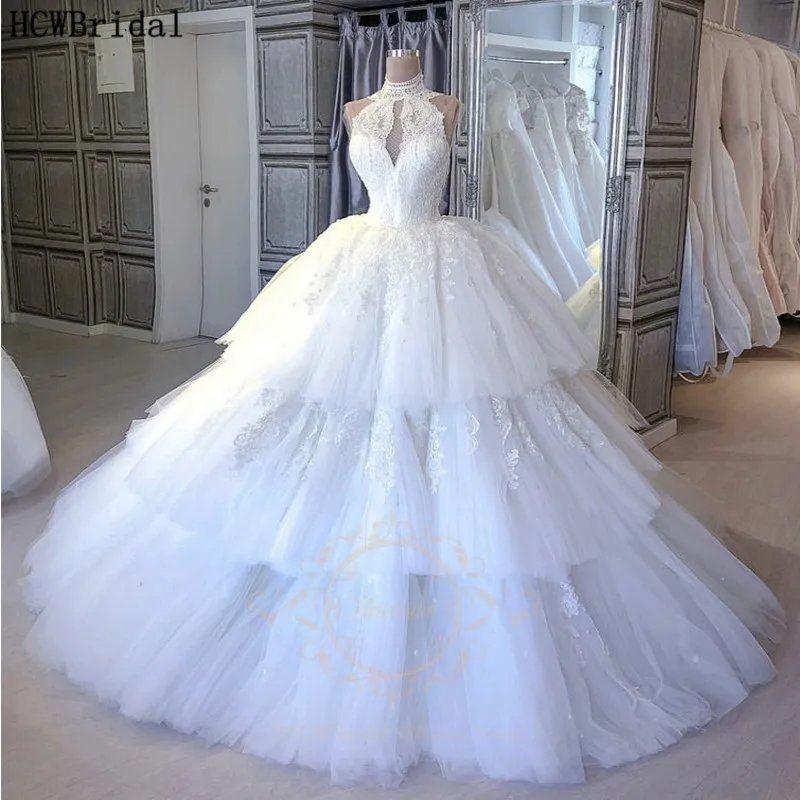 Real Photos Tiered Princess Wedding Dresses High Neck Lace Tulle Plus Size Bridal Party Gowns Robe De Mariee Custom Made | Свадьбы и