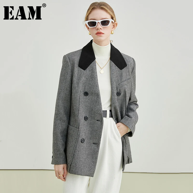 

[EAM] женский серый двубортный Блейзер большого размера, новая свободная куртка с отворотом и длинным рукавом, модная демисезонная 2021 1DE3447