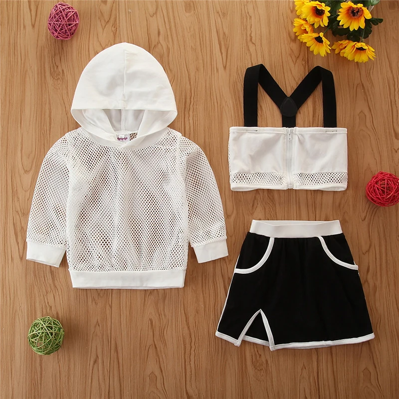

2-6Years Kids Baby Girl Outfits Autumn Spring Tracksuits 3Pcs Active Baby Girl Sling Tank Crop Tops+Mesh Hoodies+Mini Skirt Sets