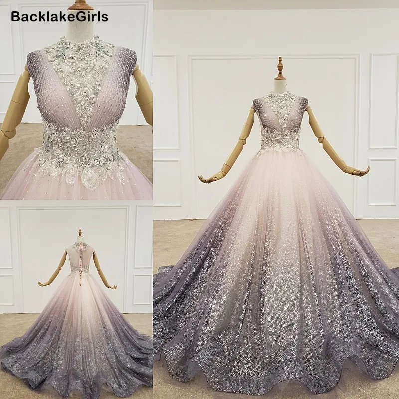 Sparkly Glitter Long Evening Dress High Neck Sleeveless Crystal Purple And Pink Prom Special Occasion Vestido Fiesta | Свадьбы и