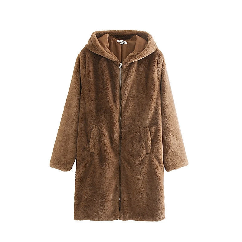 

YOSIBCD Women 2021 Fashion Thick Warm Faux Fur Teddy Hooded Coat Vintage Long Sleeve Pockets Female Outerwear Chic Overcoat