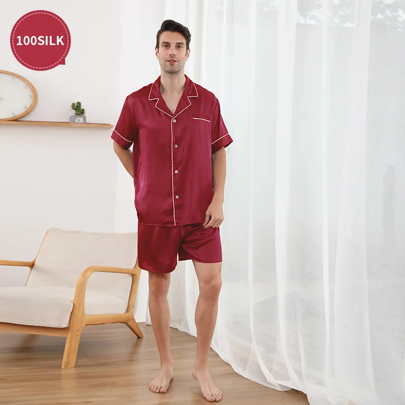 22 MM mulberry silk new pajamas men's short-sleeved shorts set silk comfortable 100 mulberry silk sleepwear
