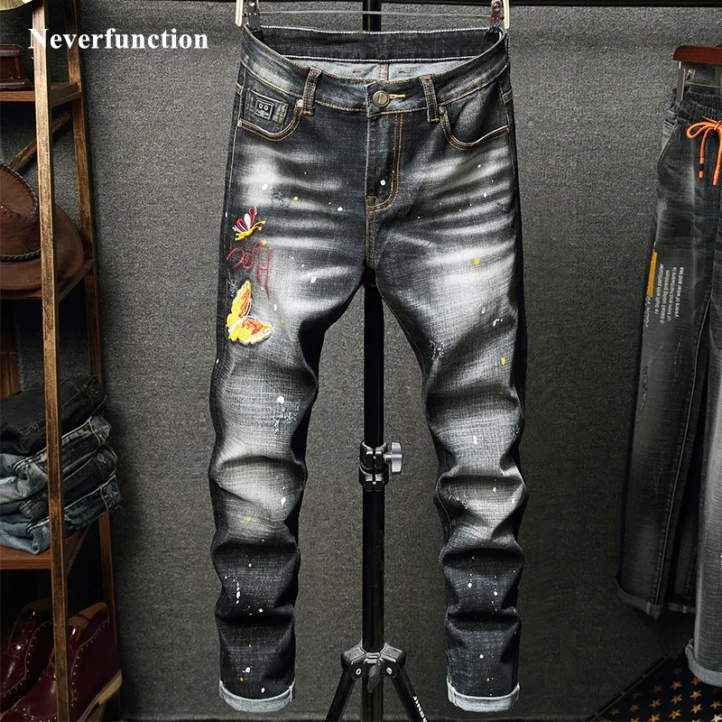 

2019 Men streetwear Hip hop Splashing ink printing Slim jeans Fashion embroidered butterfly Motorcycle biker Skinny Denim pants