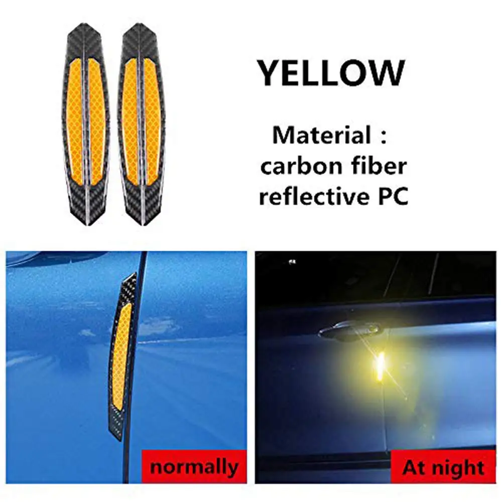 

4pcs 3D Yellow Reflective Stickers Black Real Carbon Fiber Strips Car Side Door Edge Bumper Anti-Scratch Protection Guards Trim