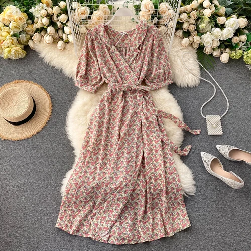 

2020 new fashion women's clothing V-Neck Puff Sleeve Print dress women
