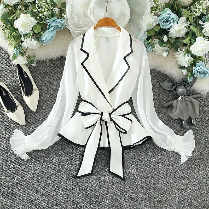

Higt Quality White Black Office Lady Elegant Sashes Bandage Blouse Women Ins Fashion Puff Sleeve Shirt Long-Sleeved Top Mujer