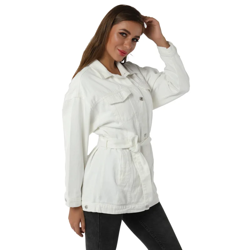 

Женская джинсовая куртка с поясом, уличная Модная белая джинсовая куртка, женская зимняя Весенняя верхняя одежда, повседневные ковбойские ...