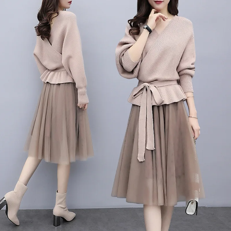 

Autumn Winter Women Clothing 2020 New Solid Color V-neck Fashion Versatile Sweet Long Sleeve Knitting Temperament Two-piece Suit