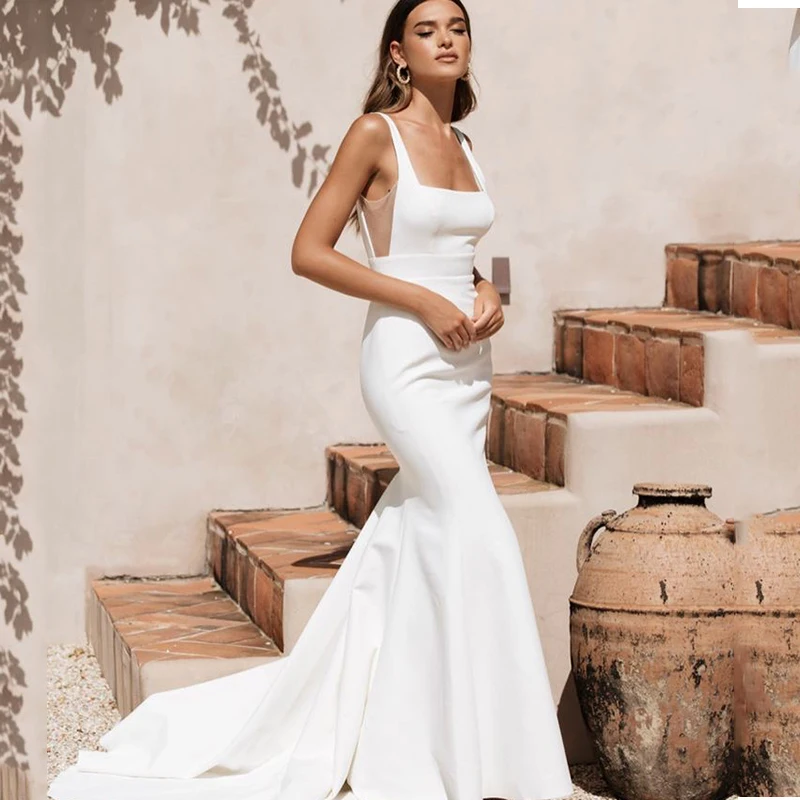 

Simple Plain Mermaid Wedding Dress 2021 Custom Made For Women White Elegant Sexy Square Collar Backless Chic Boho Bridal Gowns