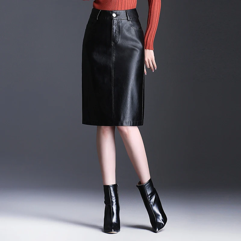 Женская кожаная юбка большого размера длинная карандаш с завышенной талией