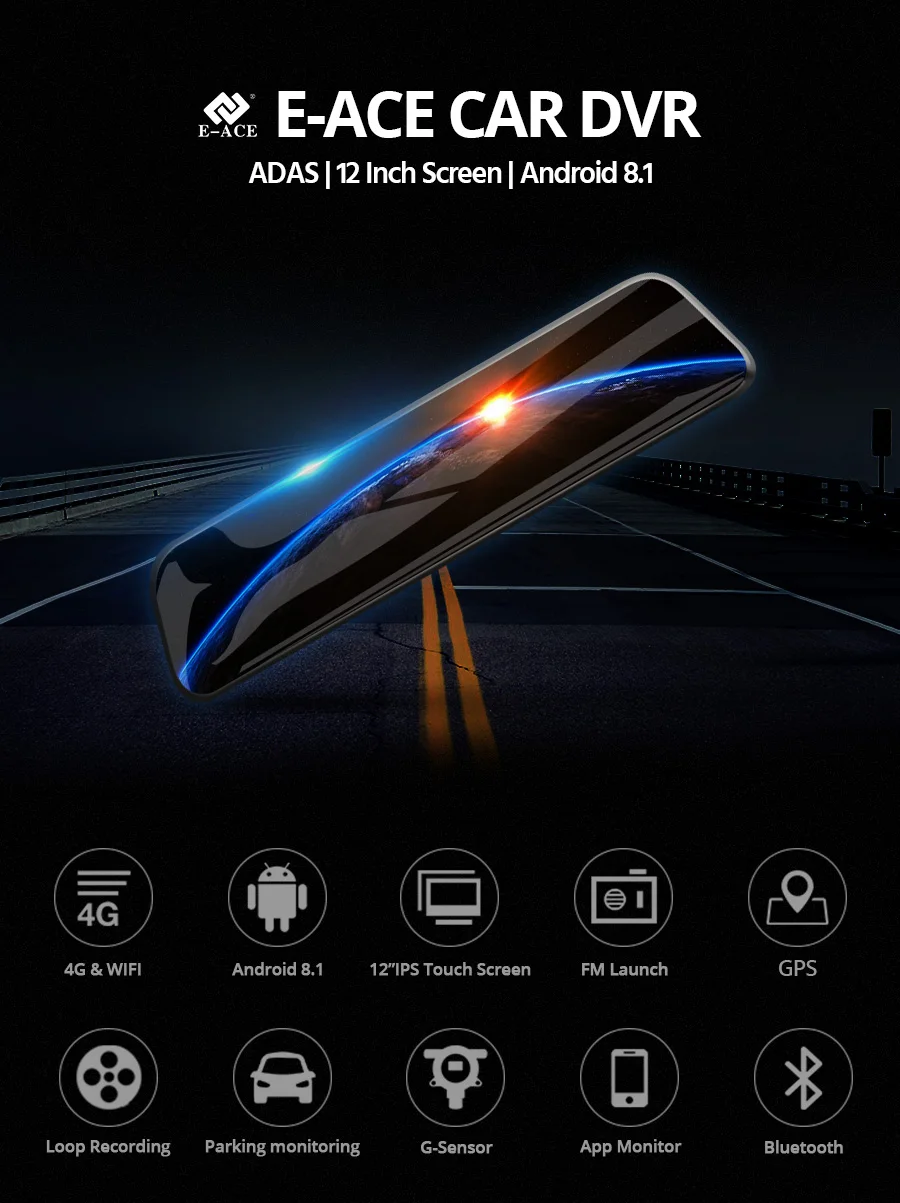 E-ACE 12 дюймов Android 4G DVR Автомобильная камера Android gps навигация автомобильный видеорегистратор с Bluetooth WiFi ADAS Автомобильный регистратор