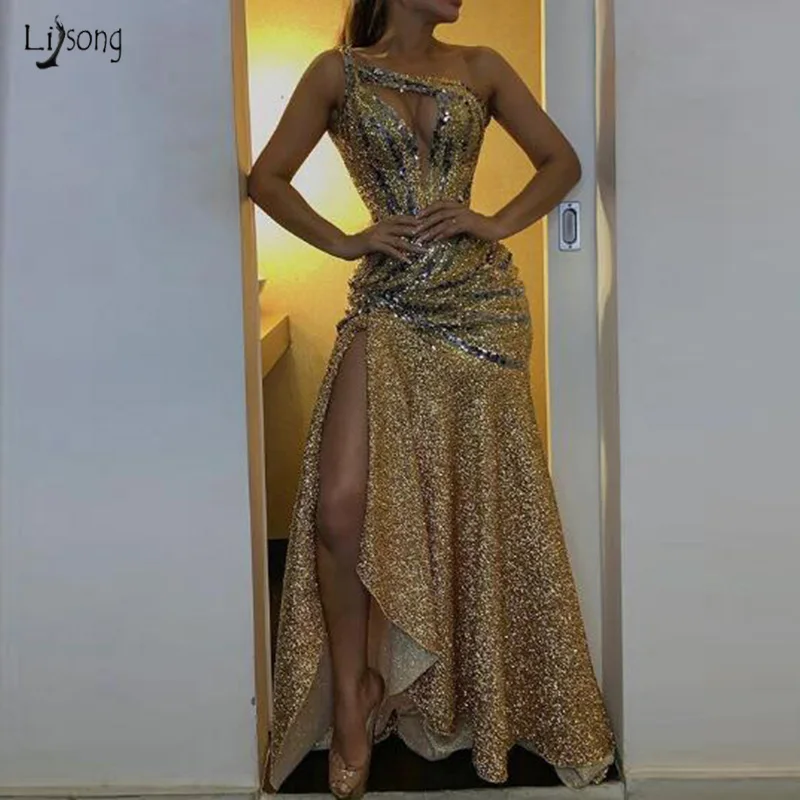 

Robe de soiree Gold Sexy Slit Mermaid Long Evening Formal Dresses Trendy One Shoulder Sequined Abiye Prom Gown Party Dresses