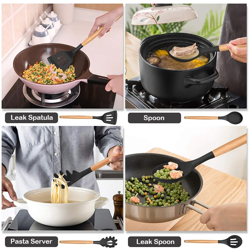 

8/9 Pcs Silicone Cooking Utensils Set Kitchenware Wooden Handle Spatula Skimmer Spoon Non-Stick Cooker with Storage Bucket