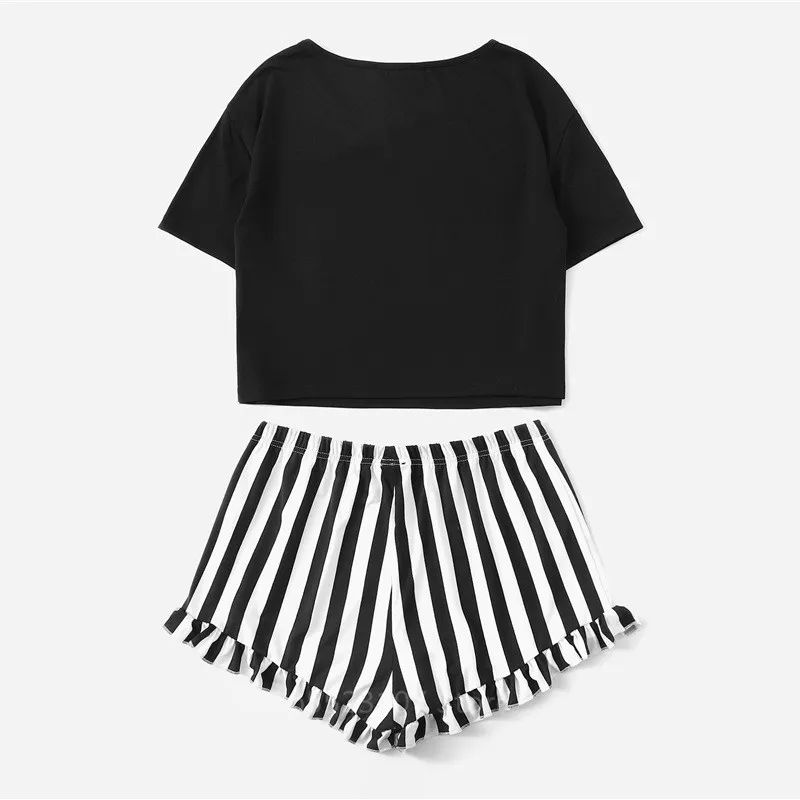 

Summer Women Pajamas Set Cartoon Casual Sleepwear Eyelash Print Tshirt Women's Home Wear Pyjamas Suit Female Short Sleeve Top